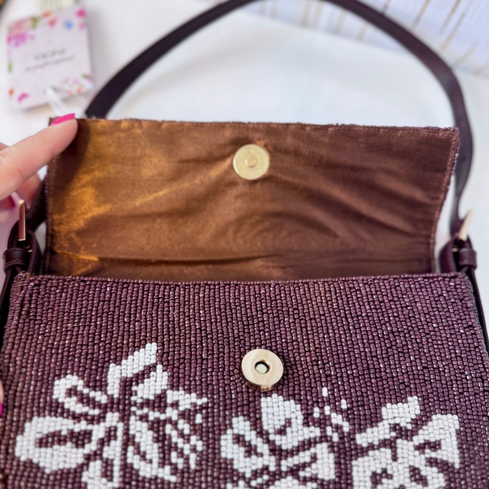 Handmade Beaded Y2K Shoulder Bag – Floral Brown & White – NWT - Picture 9 of 11